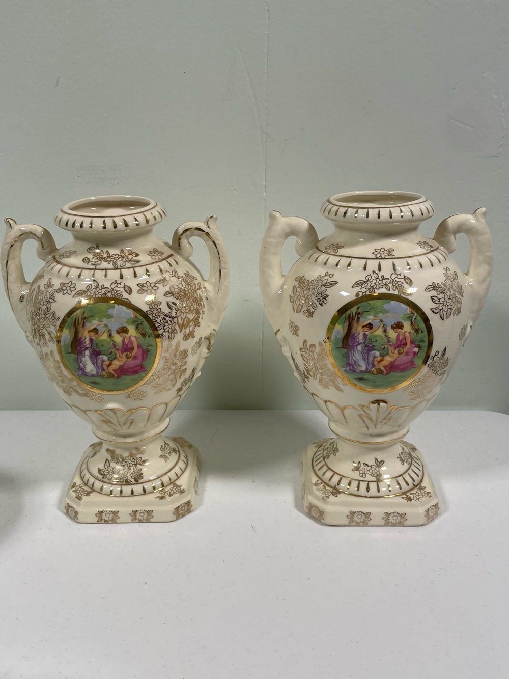 Ornate Cream Ceramic vase Pair with Gold Accents